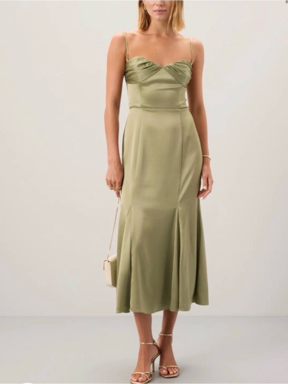 Reformation Light Olive Satin Midi Dress. NWT never worn